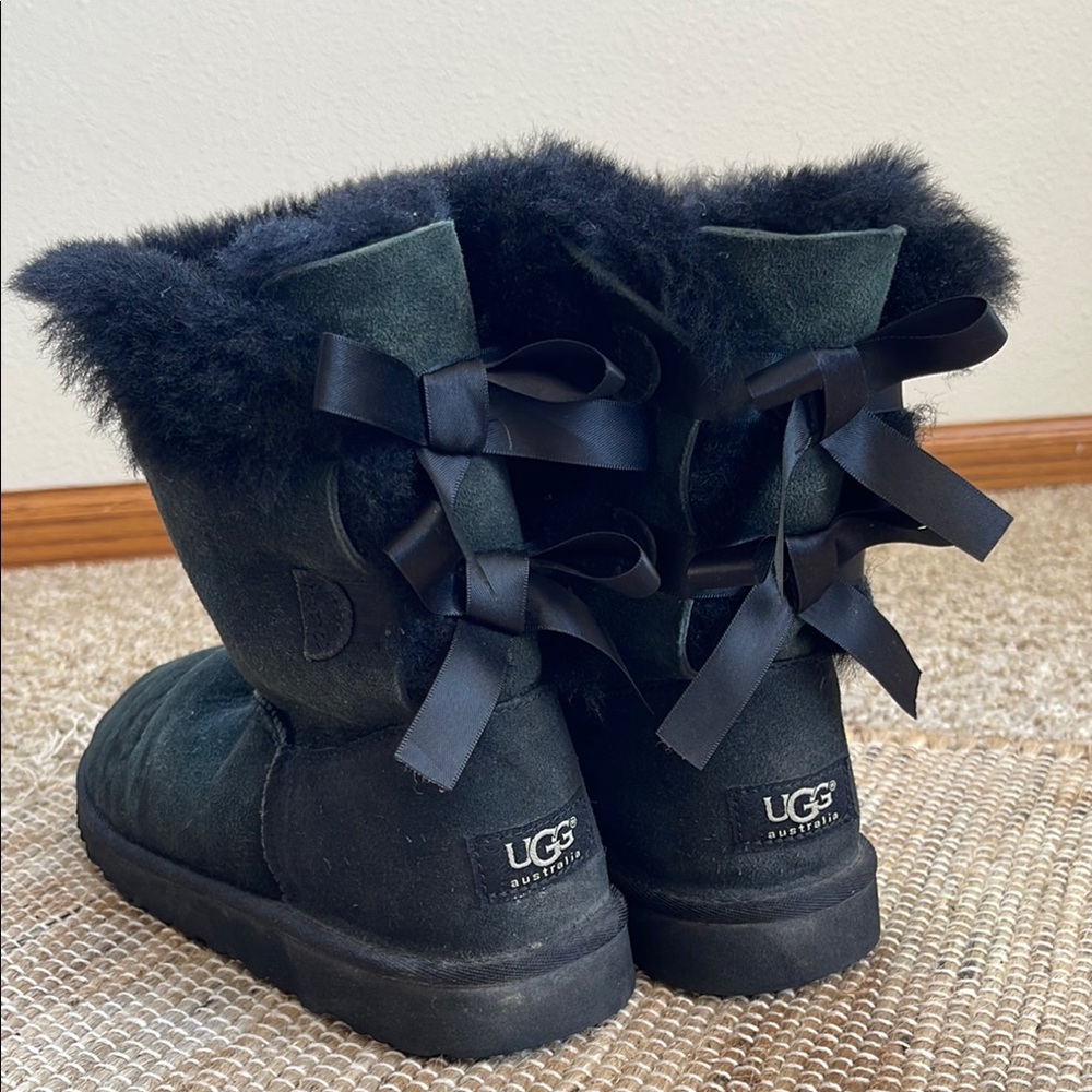 UGG Black Suede Boots with Ribbon Accents
